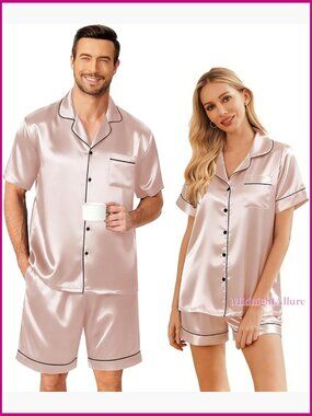 Silk Satin Pajama Set Short Sleeve Button Down Lounge Wear S-XXL